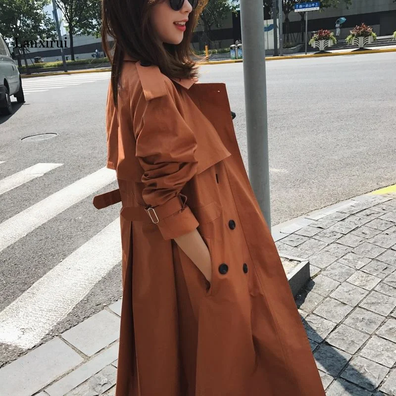 Real Photo Cloak Dust Coat Spring Women's Clothes Trench Coat Stylish Double Breasted Long Windbreakers Slim Waist Outerwear