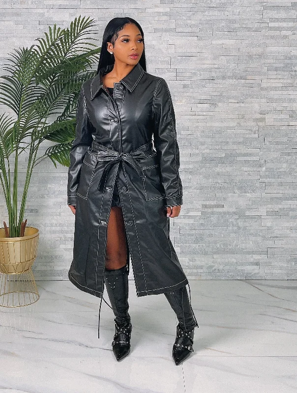 RJK9360P - FAUX LEATHER STITCH TRENCH COAT