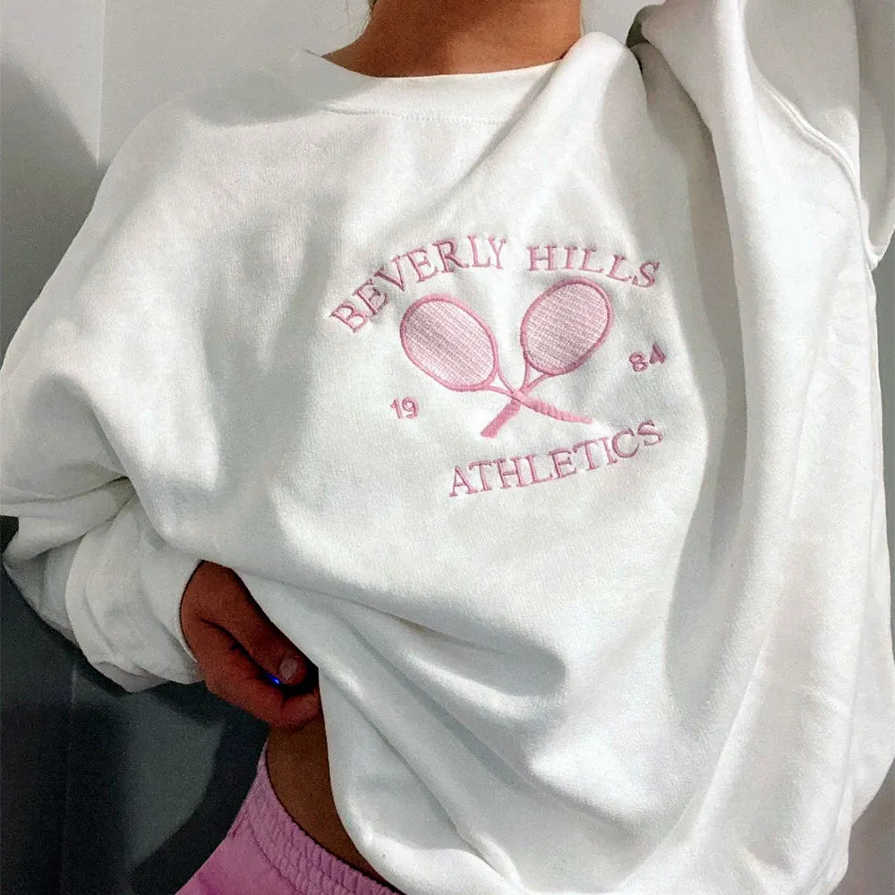 Tennis Athletics Letters Embroidered Sweatshirts Women White Loose Spring Pullover Coats