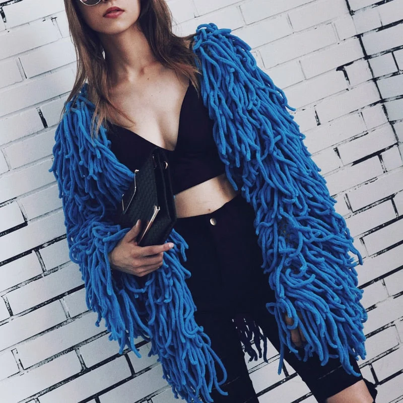 Warm Knitting Shaggy Jacket Coat Women Sweater Soft Black Female Overcoat Autumn Winter Hairy Faux Fur Coat Cardigan