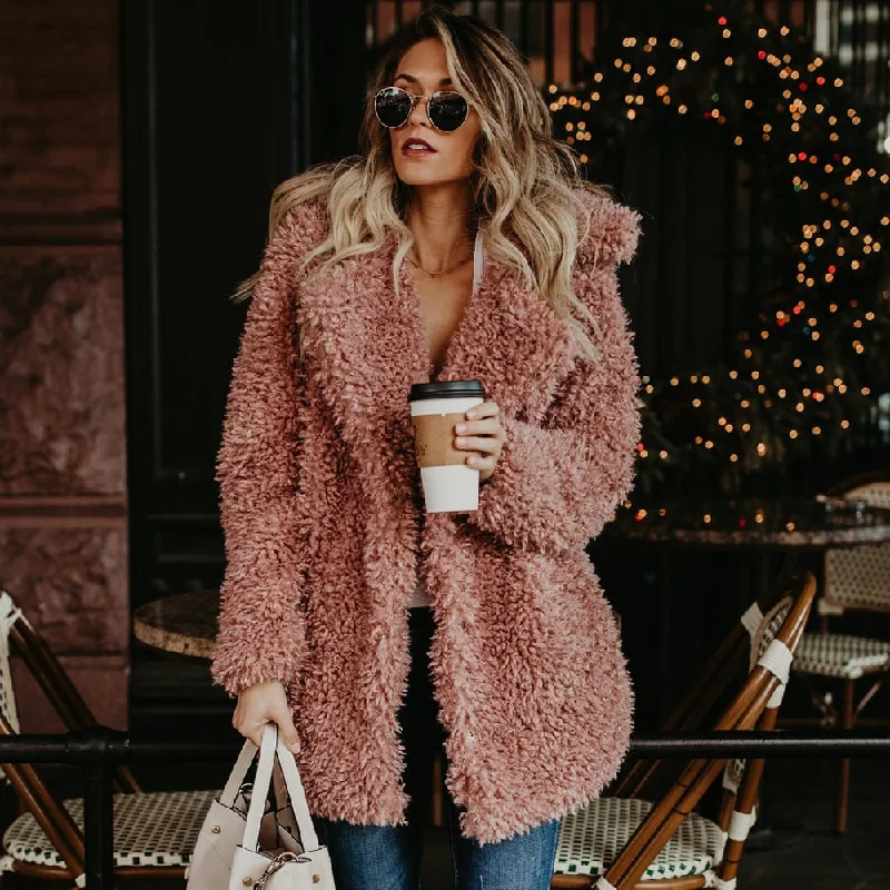 Women Winter Plus Size Faux Fur Coat Bomber Jacket Trench Wool Teddy Coat Pink Overcoat Long Sleeve Vintage Outwear Mujer