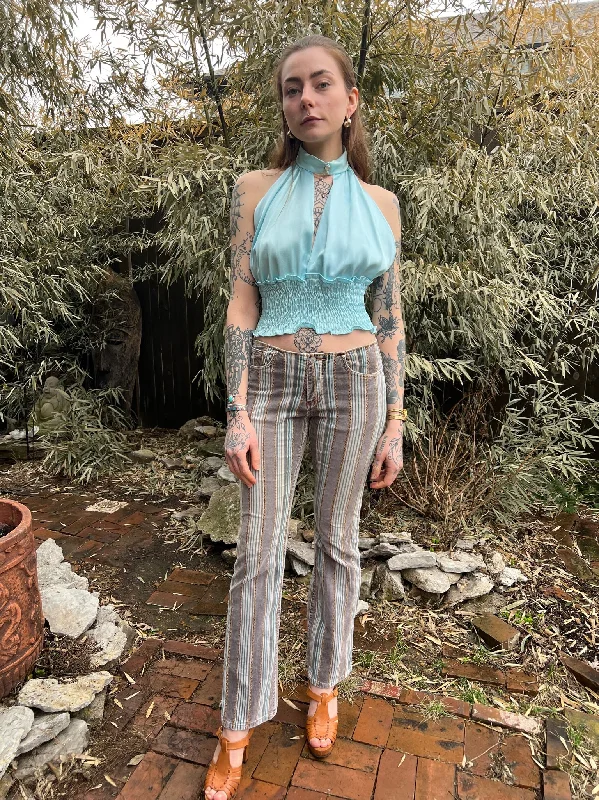 90s Creme Blue Velour Stripe Bell Bottom Low Rise Pants