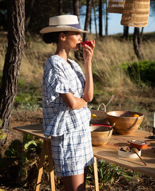 Gilma Cay Organic Cotton & Linen Shorts - White & Blue Check