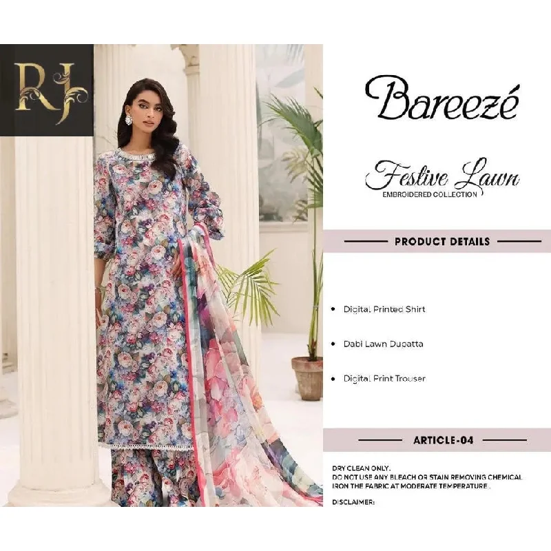 3 Pcs Women Unstitched Lawn Bareeze Digital Printed Suit