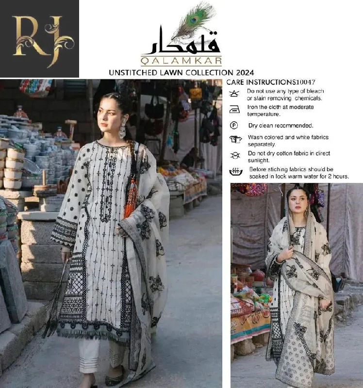 3 Pcs Women Unstitched Lawn Embroiderd Suit By RJ