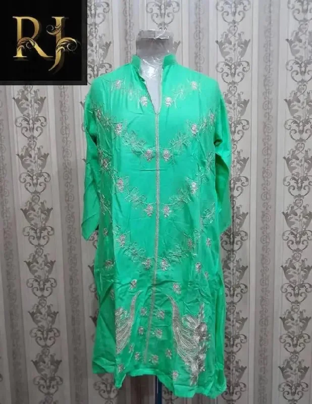 Light Bluish-Green Women’s Embroidered Ready to Wear 3-Piece Linen Frock By RJ Kollection