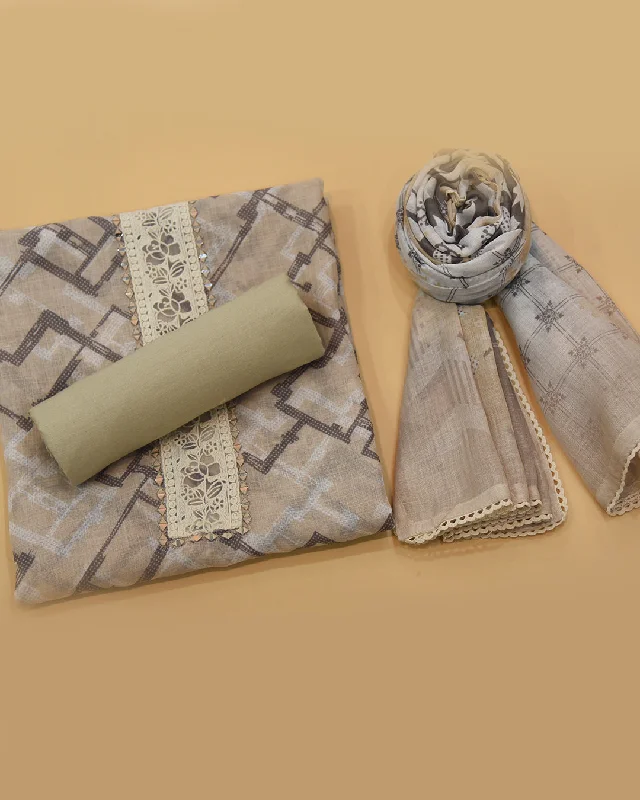 Beige Linen Blend Printed With Embroidery Unstitched Suit Fabric Set With Linen Printed Dupatta