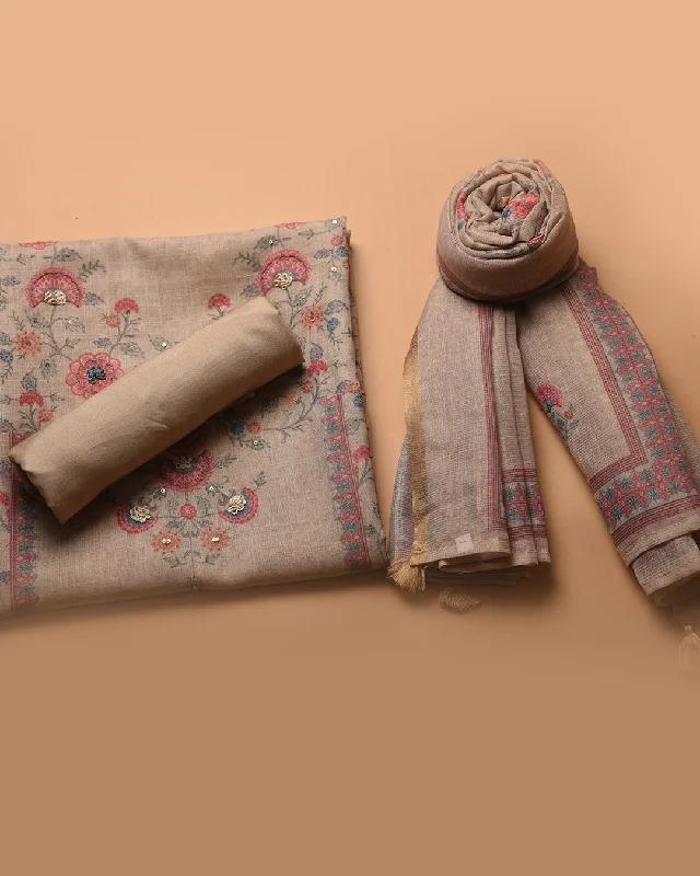 Beige With Pink Linen Tissue Blend Printed With Embroidery Unstitched Suit Fabric Set With Linen Tissue Blend Dupatta