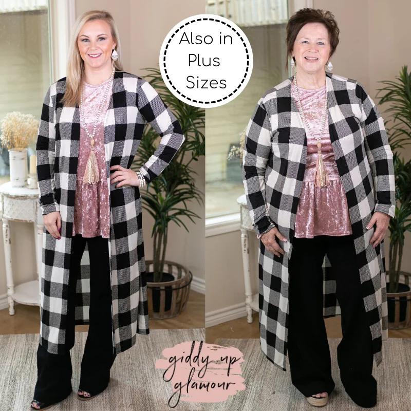 Last Chance Size Small | Can't Let Go Buffalo Plaid Long Duster Cardigan in Black & White