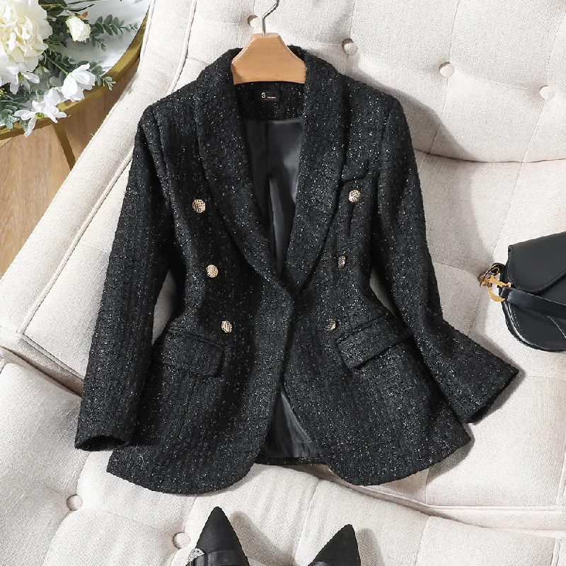 CAROLINE SUITS Women's Elegant Stylish Fashion Office Professional Woven Black Plaid Blazer Jacket