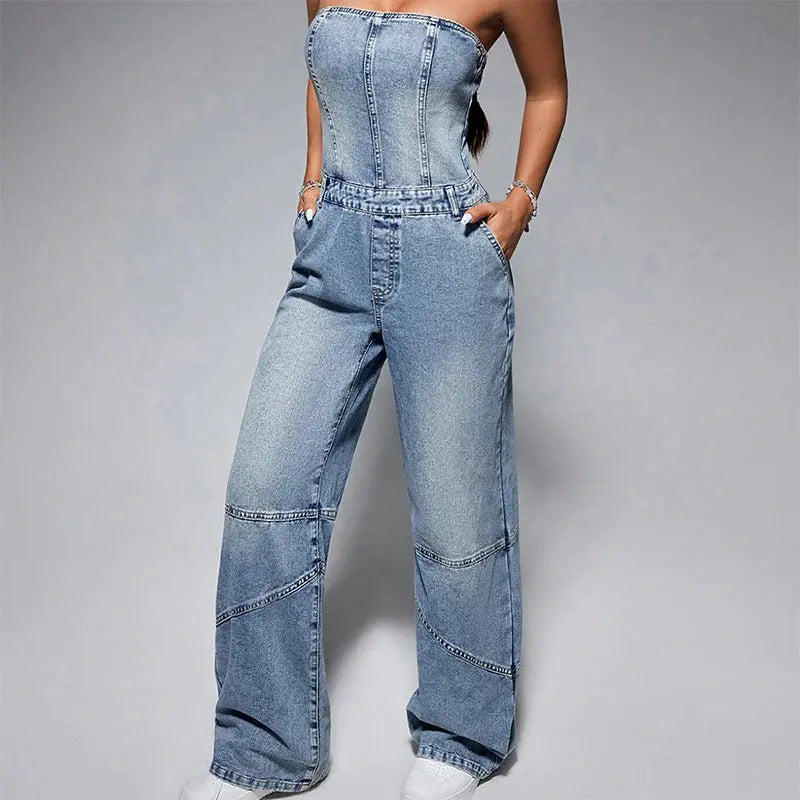 FZ Women's Off Shoulder Vintage High Waist Wide Leg Denim Jumpsuit