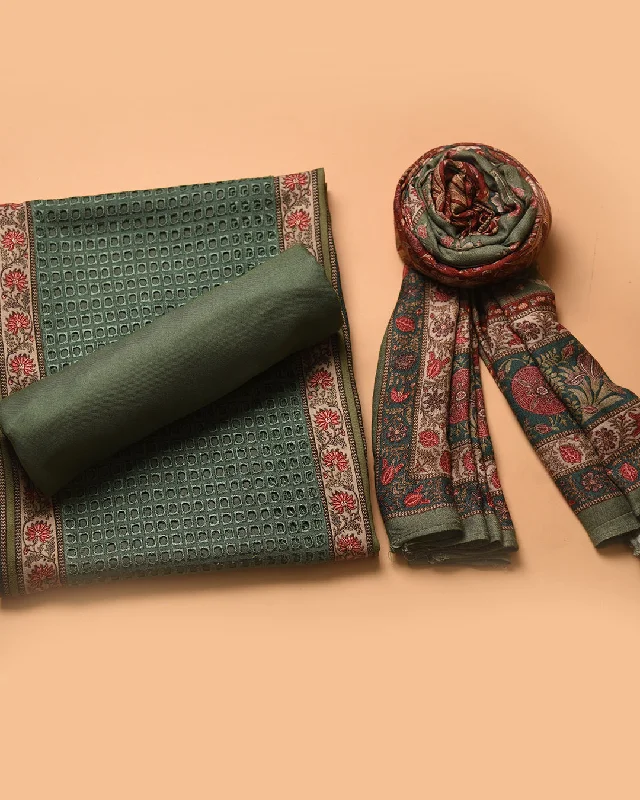 Green Winter Wear Wool Spun Blend Printed With Embroidery Unstitched Suit Fabric Set With Wool Spun Blend Stole