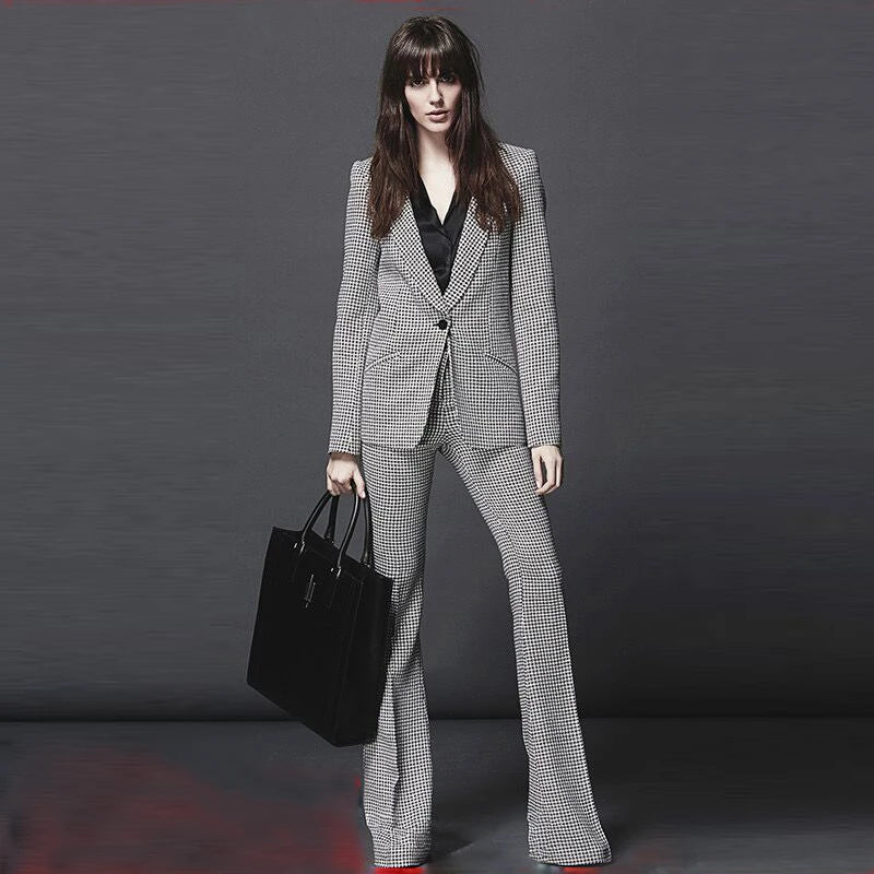 Newest Designer Suit Set Women's Career Style Single Button Plaid Blazer Flare Pants Suit