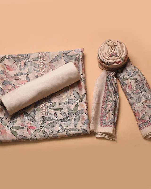 Light Beige Cotton Glazed Printed With Embroidery Unstitched Suit Fabric Set With Muslin Dupatta