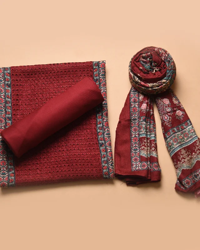 Maroon Winter Wear Wool Spun Blend Printed With Embroidery Unstitched Suit Fabric Set With Wool Spun Blend Stole