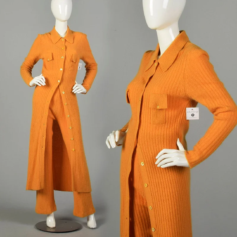 Medium 1970s 2pc Set Cozy Ribbed Knit Pants Angora Sweater Dress Autumn