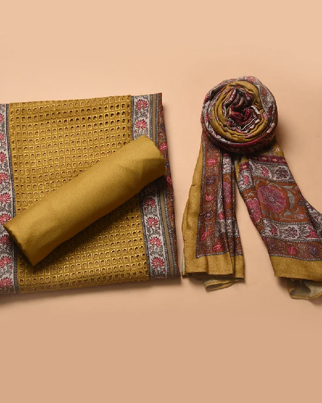 Mustard Winter Wear Wool Spun Blend Printed With Embroidery Unstitched Suit Fabric Set With Wool Spun Blend Stole