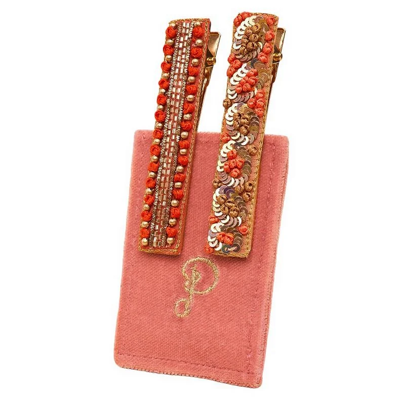 Narrow Jewelled Hair Bar Coral Ovals & Beads 2 Pack