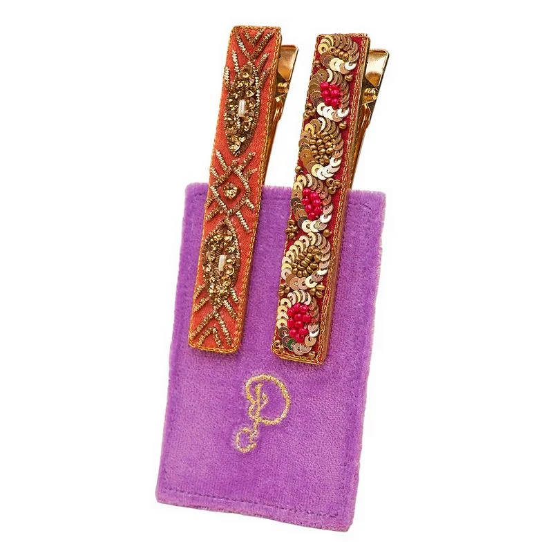 Narrow Jewelled Hair Bar Rose Deco & Ovals 2 Pack