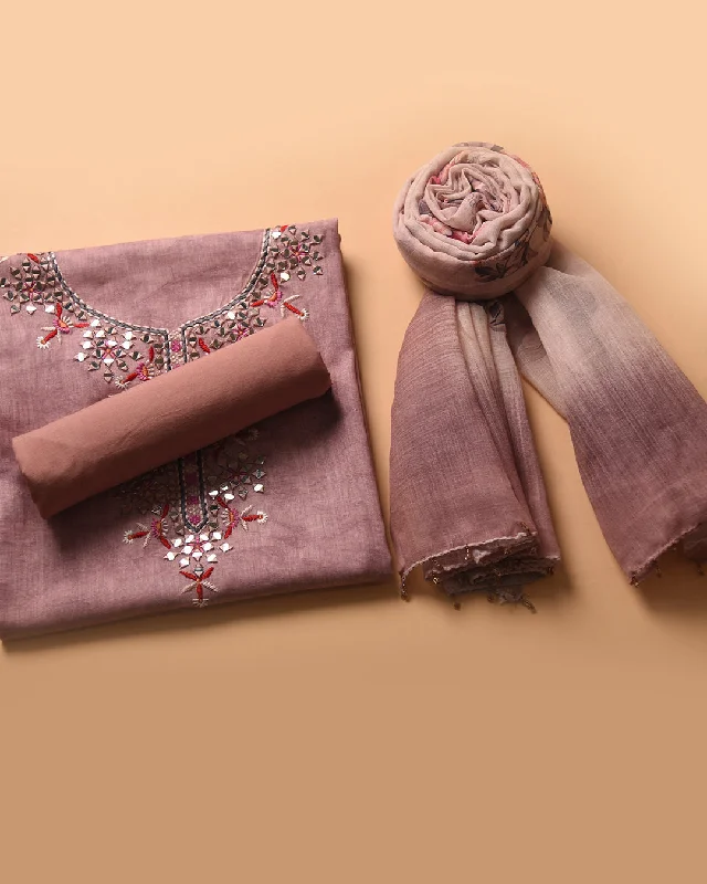 Pink Cotton Linen Blend Printed With Embroidery Unstitched Suit Fabric Set Cotton Linen Printed Dupatta