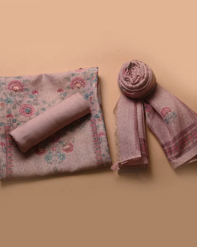 Pink Linen Tissue Blend Printed With Embroidery Unstitched Suit Fabric Set With Linen Tissue Blend Dupatta