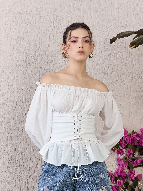 Berrylush Women Solid White Off-Shoulder Neck Puff Sleeves Tie-Up Corset Ruffled Regular Bardot Top