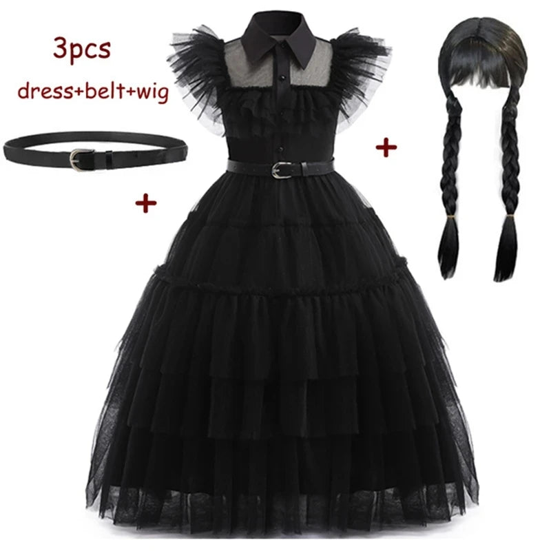 3pcs Gothic Black Dress with Belt and Wig Set for Women